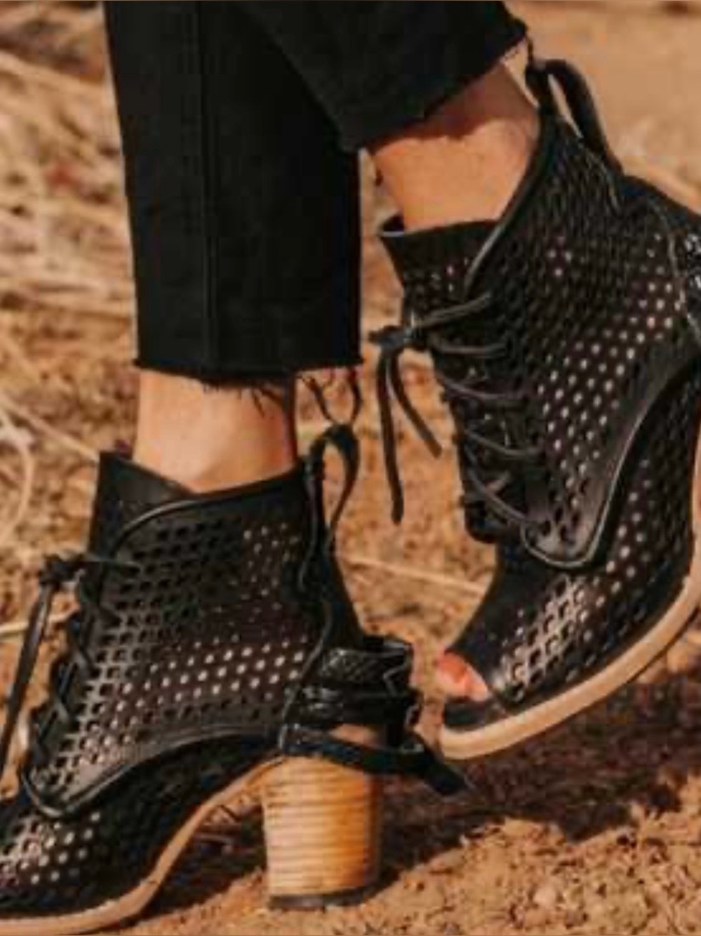 Freebird by Steven Benni Black Perforated Leather Lace-Up Peep-Toe Booties